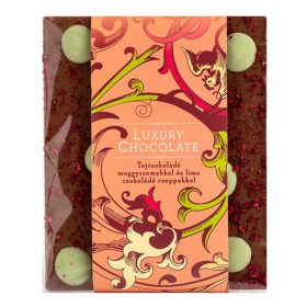 Tejcsokoládé meggyszemekkel és lime ízű csoki cseppel 65G   Tejcsokoládé meggyszemekkel és lime ízű csoki cseppel 65G