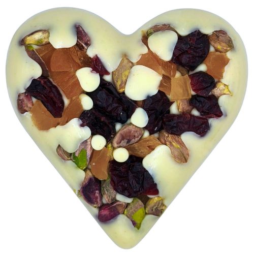 Valentin napi gyümölcsökkel töltött szív díszdobozban 100g